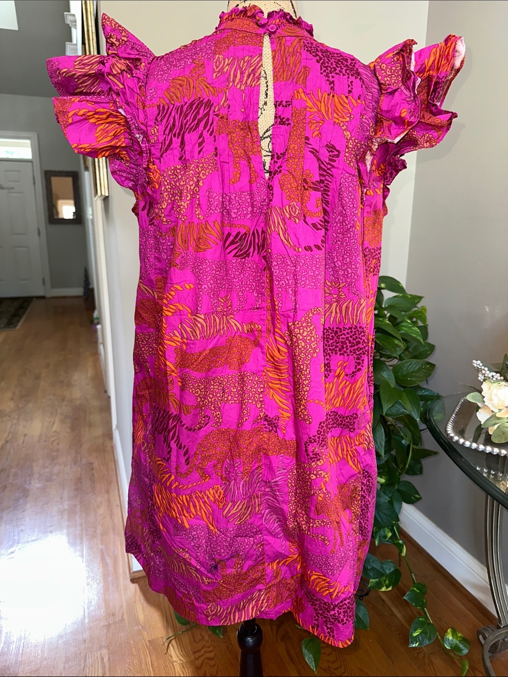 Sugarlips Hot Pink and Orange Animal-Print Ruffle-Shoulder Midi Dress size small - Picture 6 of 12